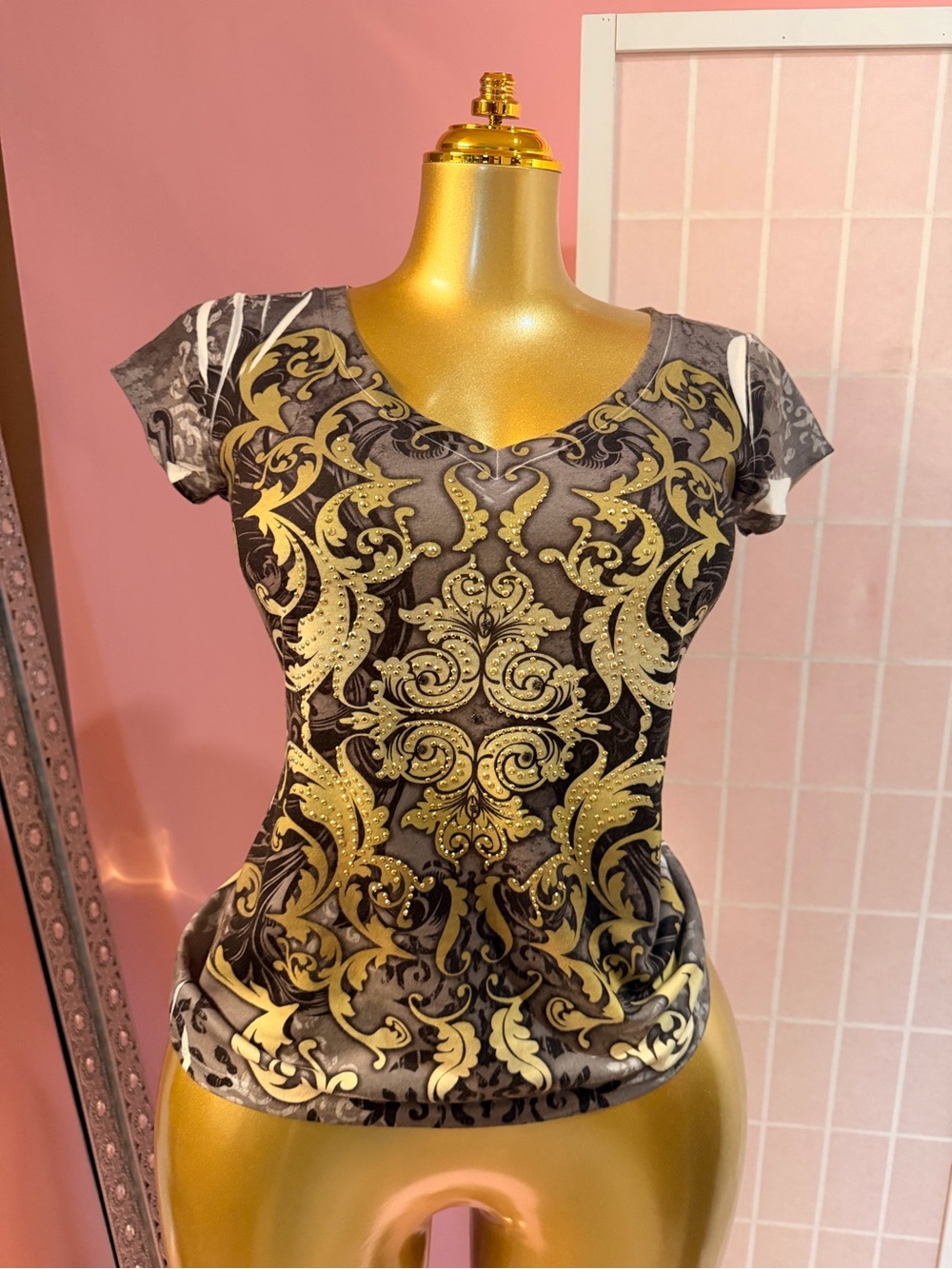 Cache Gold Baroque Print Women's V-Neck Top